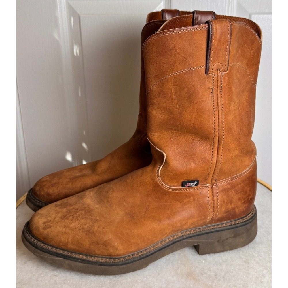 Justin Original Work Boots Mens Tan Leather Western Pull On Round Toe 12in Sole